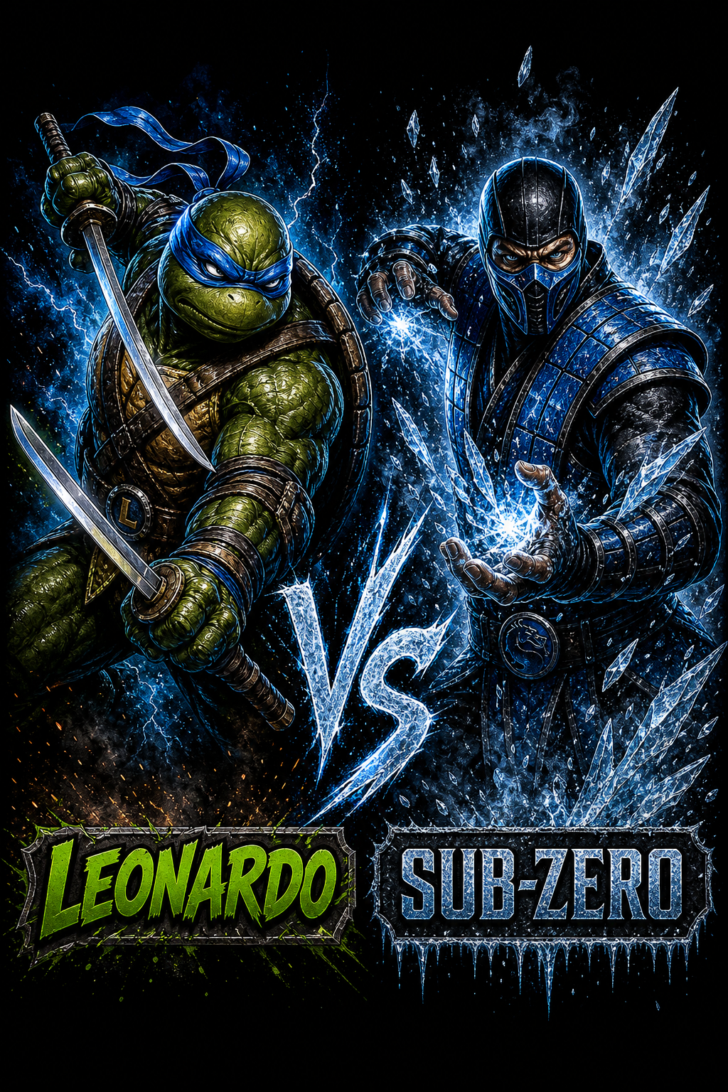 TMNT vs MK Leonardo vs Sub Zero Ice Blades design artwork