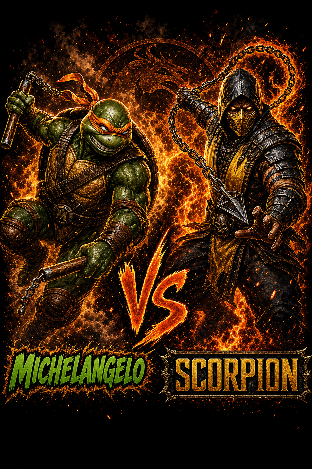 TMNT vs MK Michelangelo vs Scorpion Fire Nunchaku design artwork