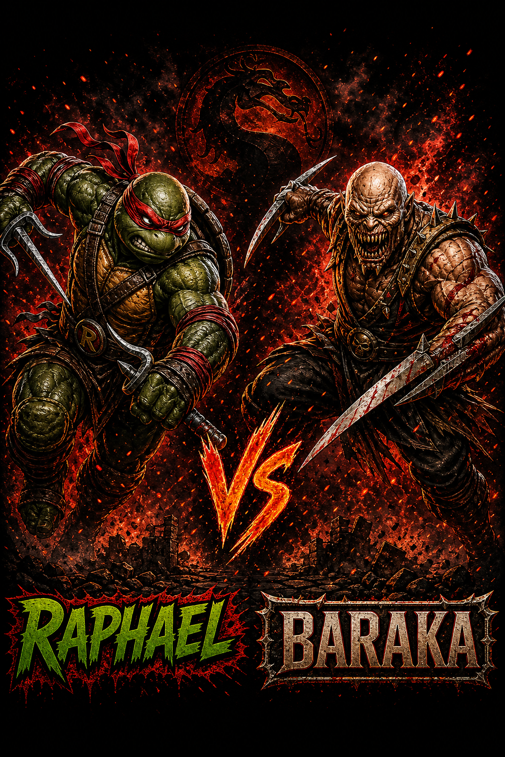 TMNT vs MK Raphael vs Baraka Fire Sai Blades design artwork